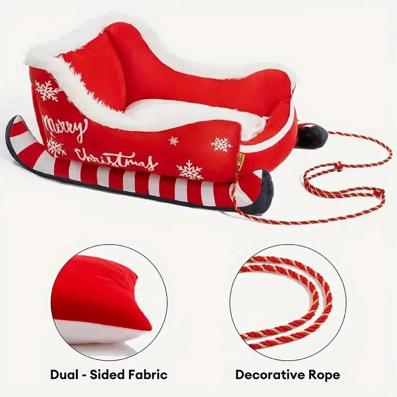 Sleigh Style Pet Sleeping Bed Fluffy Fleece Lined Dog Sofa Cushion Ultra‑Soft Non‑Slip Winter Christmas Decoration for Cats Dogs