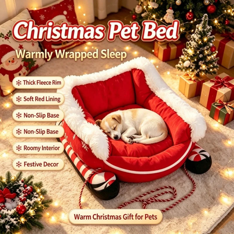 Sleigh Style Pet Sleeping Bed Fluffy Fleece Lined Dog Sofa Cushion Ultra‑Soft Non‑Slip Winter Christmas Decoration for Cats Dogs